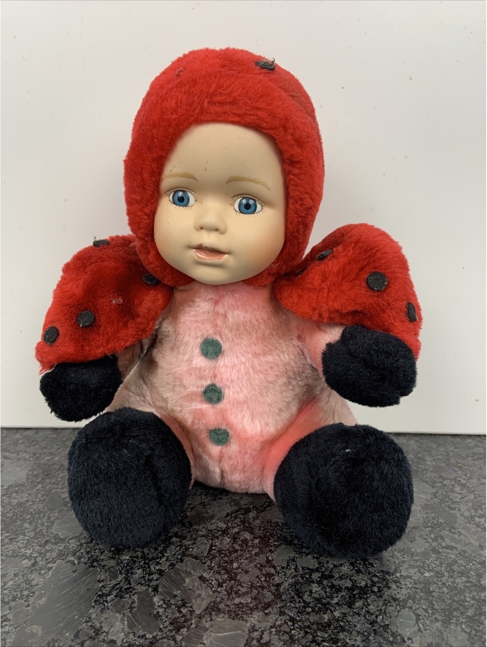 Vintage Albert E Price Doll Ladybug Print Plush Baby w/ Porcelain Face